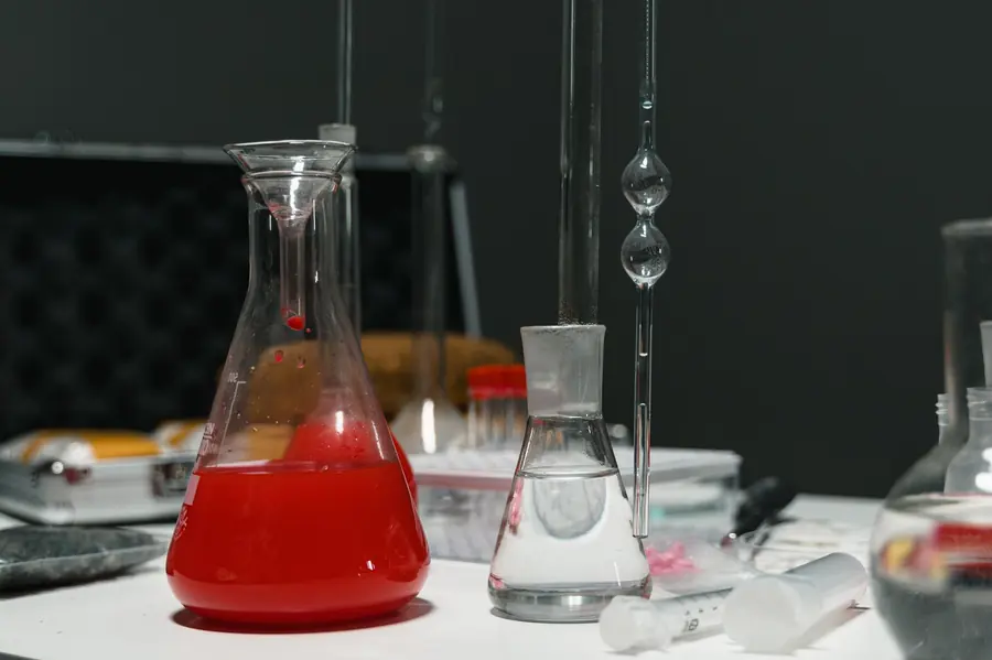 Conical flask half-full of red liquid beside clear glassware and dripping pipettes on a laboratory bench